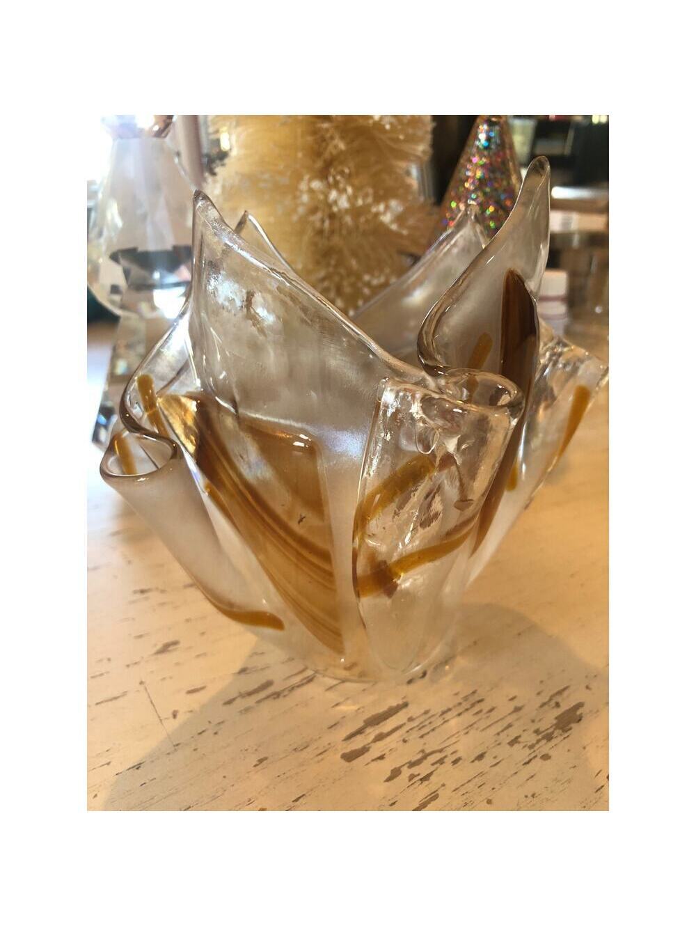 Vintage Unmarked Glass Handkerchief Vase 5" Brown and Clear